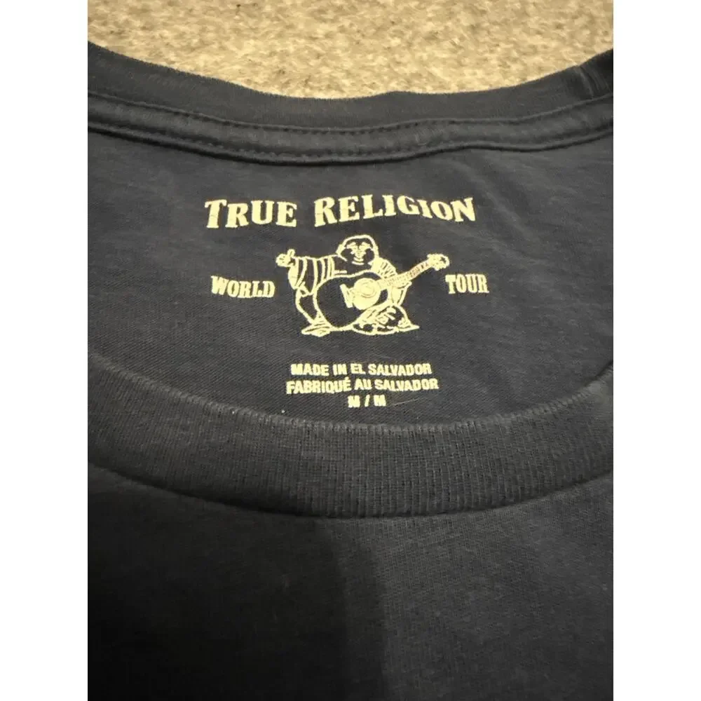 True Religion Buddha Logo Tee Mens Medium Blue Tie Dye Guitar World Tour Graphic